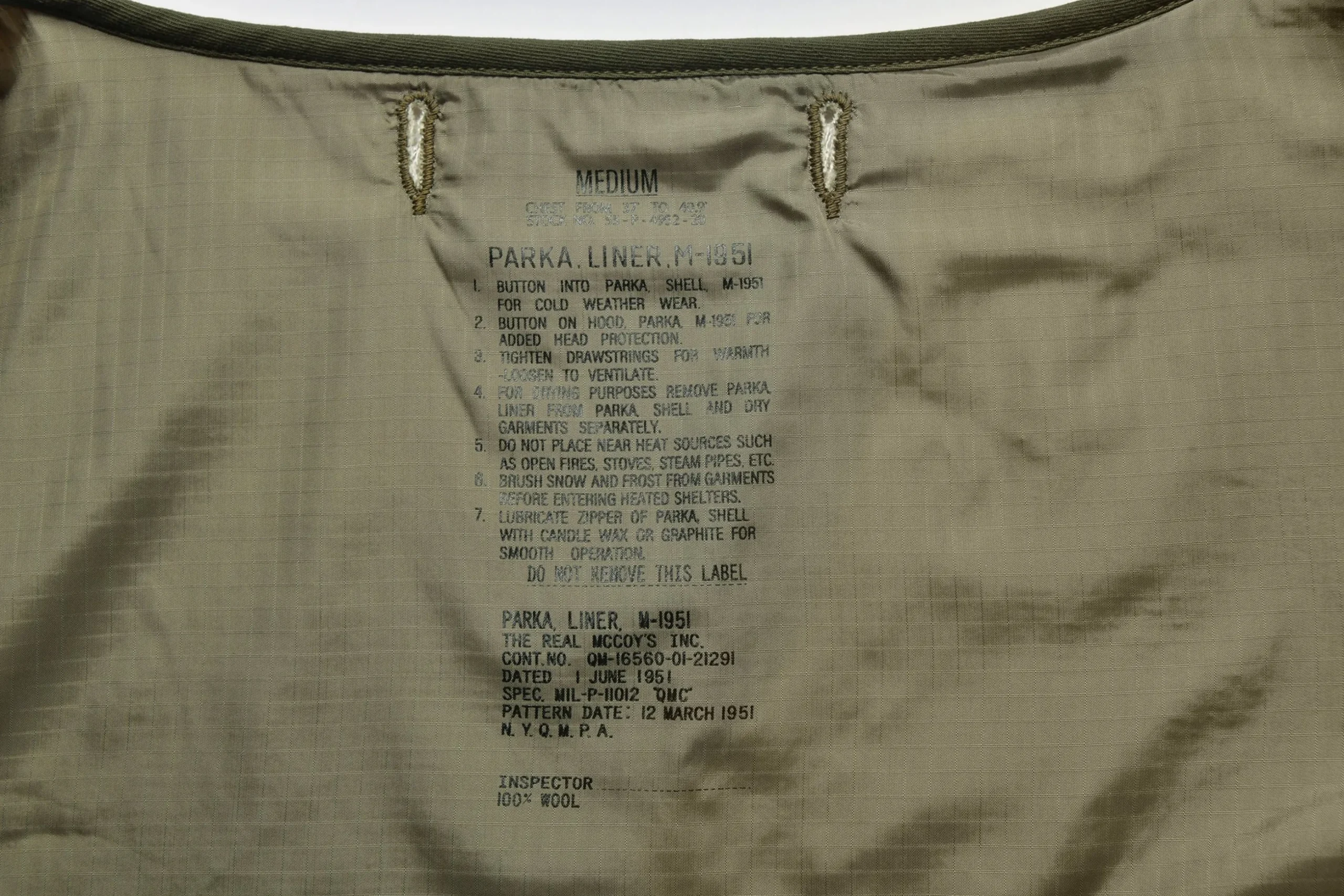 Military-The Real McCoy's Parka, Liner, M-1951 (Fw22) 150 Olive